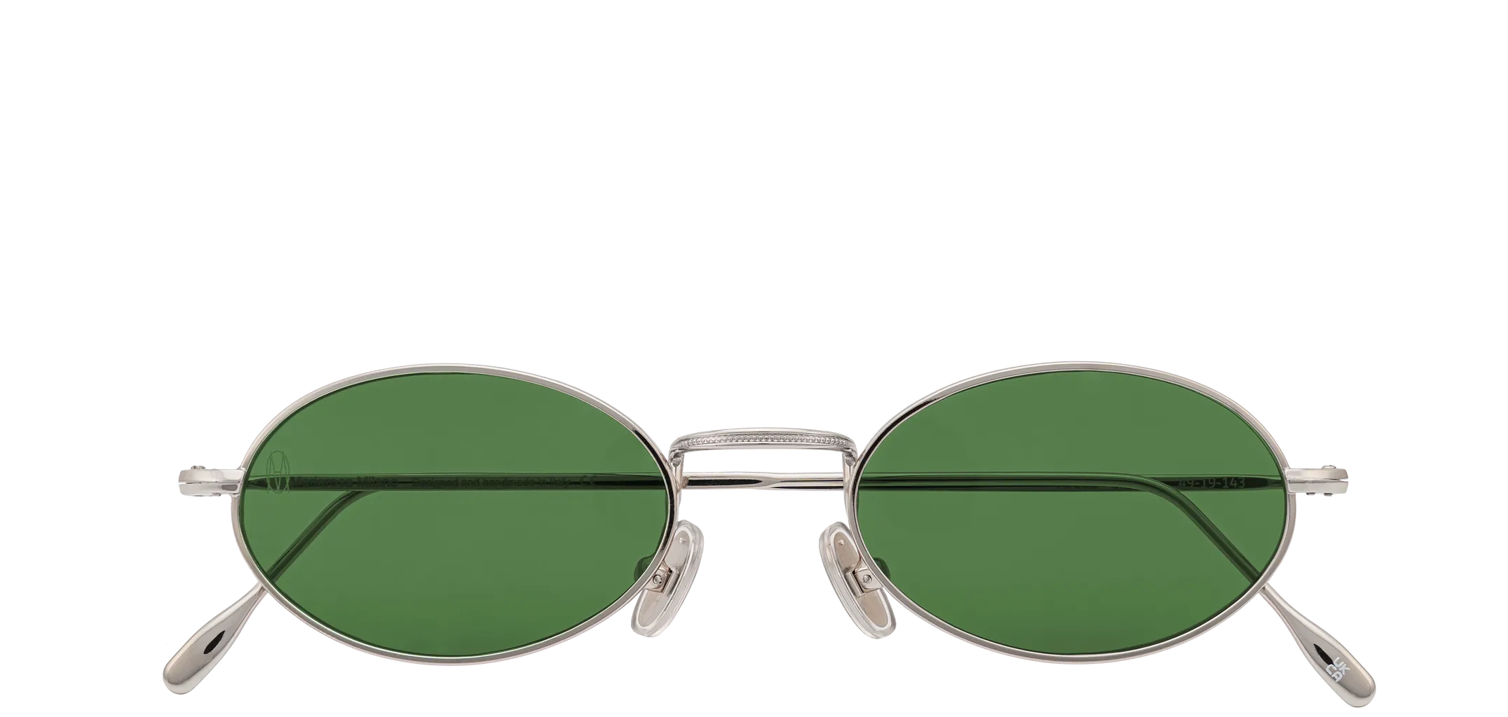 Vista frontale degli occhiali rotondi modello Marie, con montatura argento e lenti color verde scuro, chiusi
