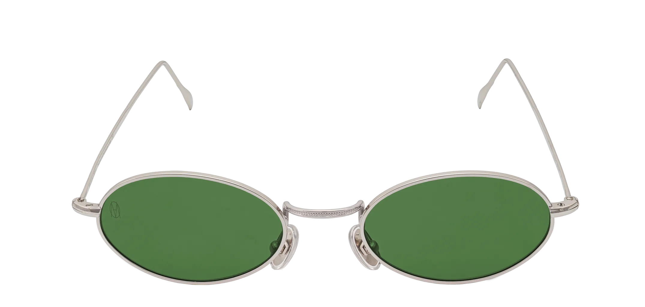 Vista frontale degli occhiali rotondi modello Marie, con montatura argento e lenti color verde scuro, aperti