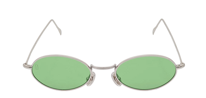 Vista frontale degli occhiali rotondi modello Marie, con montatura argento e lenti color verde chiaro, aperti