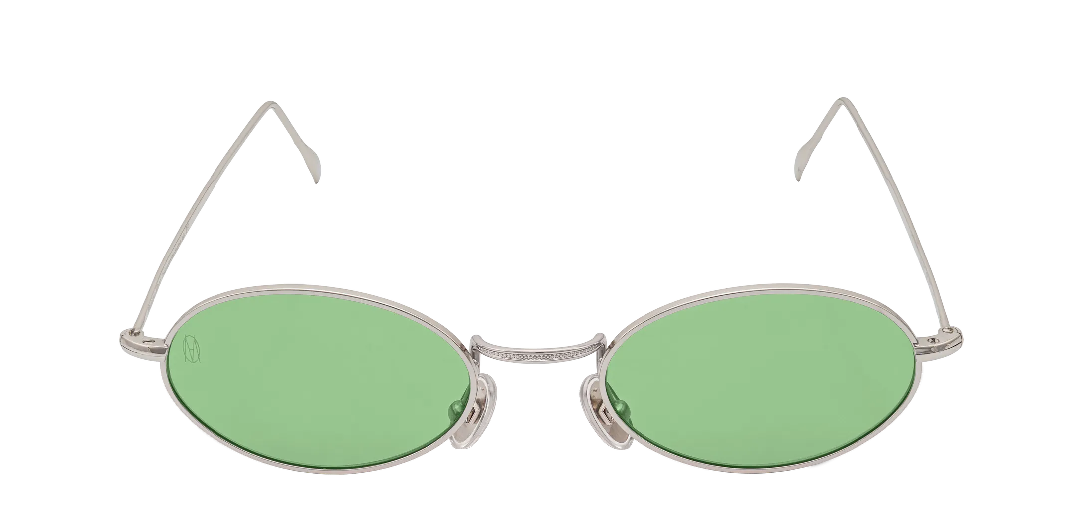 Vista frontale degli occhiali rotondi modello Marie, con montatura argento e lenti color verde chiaro, aperti
