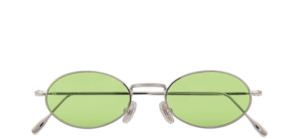 Vista frontale degli occhiali rotondi modello Marie, con montatura argento e lenti color lime, chiusi
