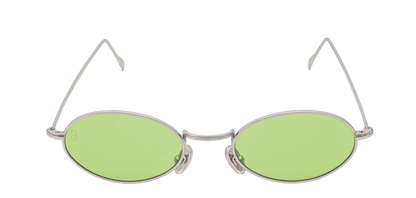 Vista frontale degli occhiali rotondi modello Marie, con montatura argento e lenti color lime, aperti