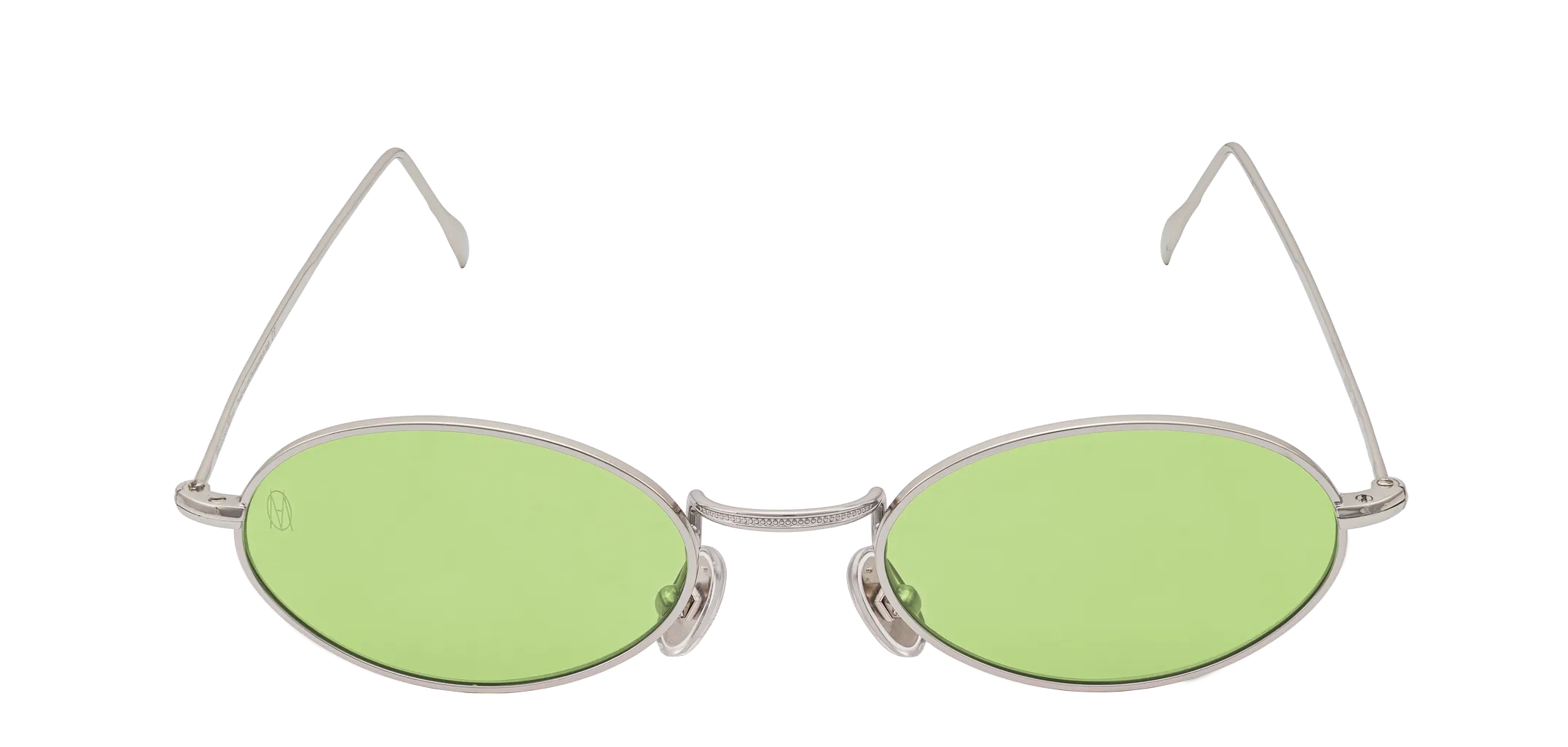 Vista frontale degli occhiali rotondi modello Marie, con montatura argento e lenti color lime, aperti