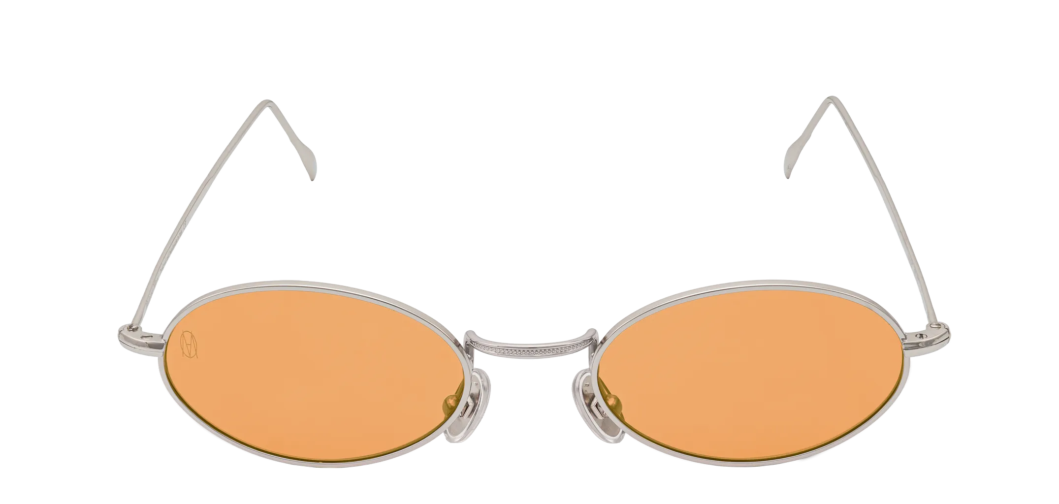 Vista frontale degli occhiali rotondi modello Marie, con montatura argento e lenti color arancio, aperti