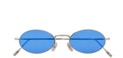 Vista frontale degli occhiali rotondi modello Marie, con montatura argento e lenti color blu cobalto, chiusi