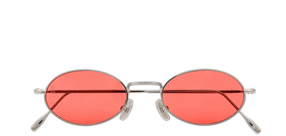 Vista frontale degli occhiali rotondi modello Marie, con montatura argento e lenti color rosso, chiusi