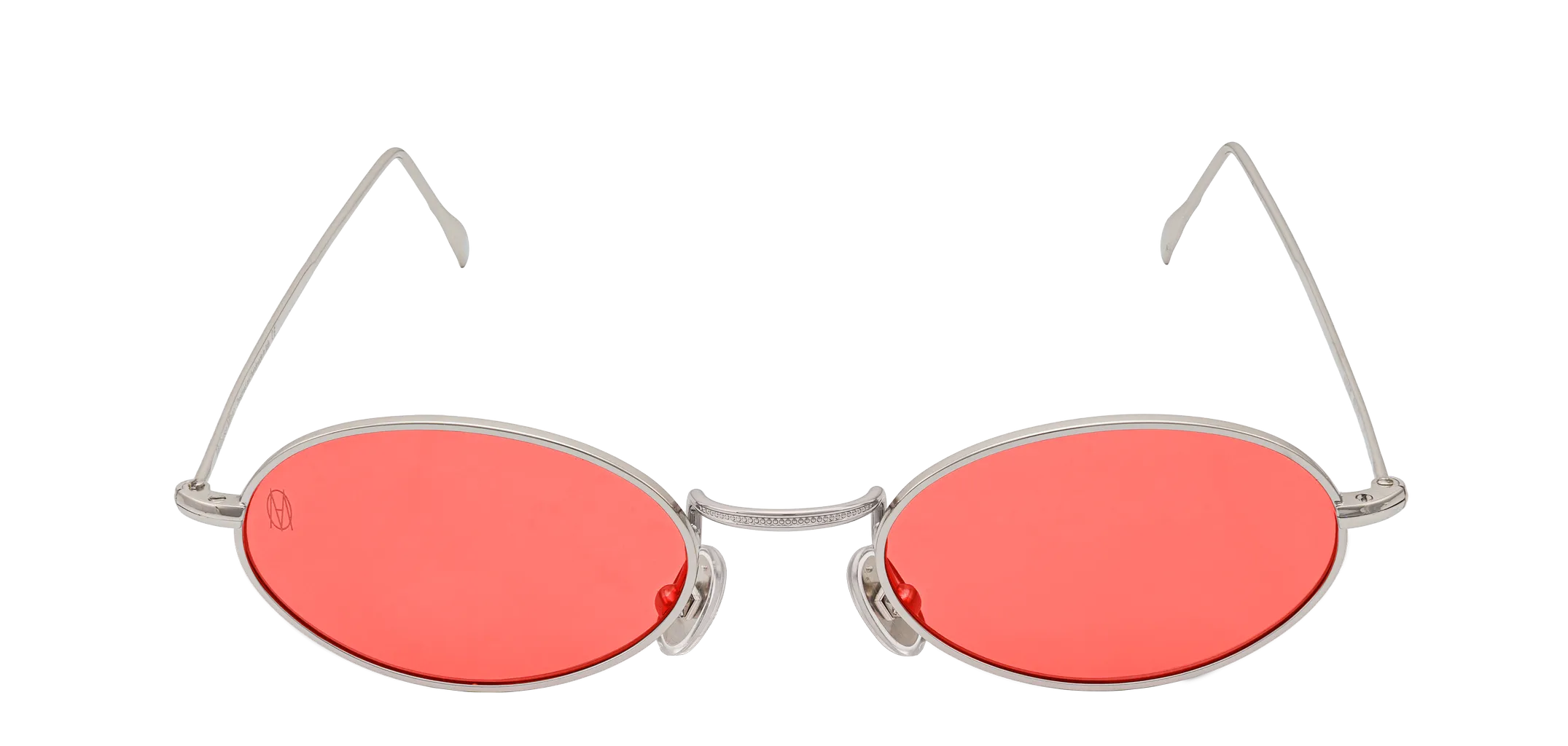 Vista frontale degli occhiali rotondi modello Marie, con montatura argento e lenti color rosso, aperti