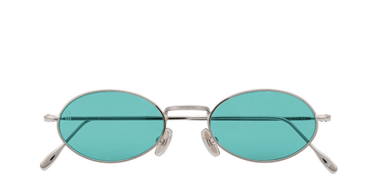 Vista frontale degli occhiali rotondi modello Marie, con montatura argento e lenti color tiffany, chiusi