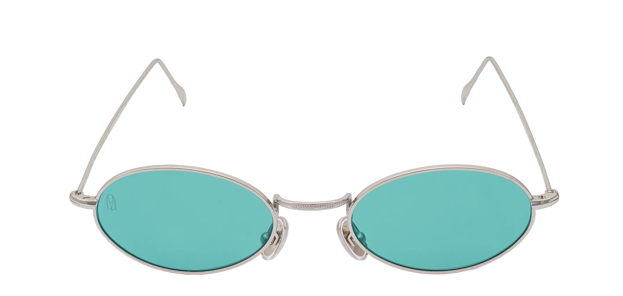 Vista frontale degli occhiali rotondi modello Marie, con montatura argento e lenti color tiffany, aperti