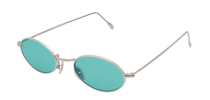 Vista a tre quarti degli occhiali rotondi modello Marie, con montatura argento e lenti color tiffany, aperti