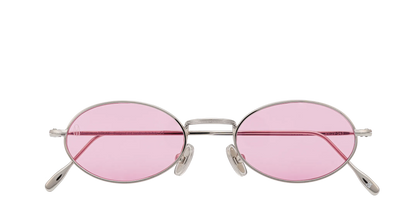 Vista frontale degli occhiali rotondi modello Marie, con montatura argento e lenti color fucsia, chiusi
