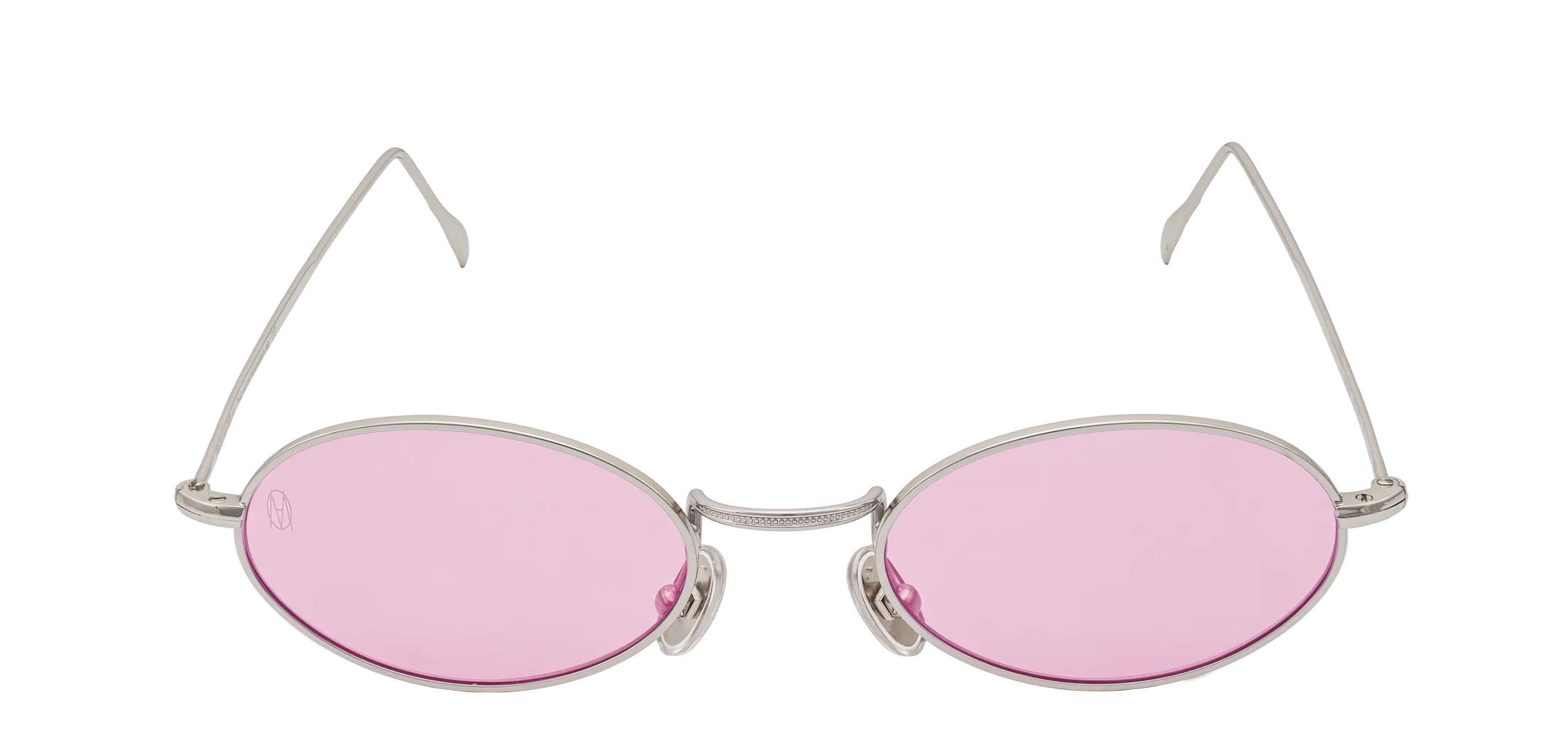 Vista frontale degli occhiali rotondi modello Marie, con montatura argento e lenti color fucsia, aperti