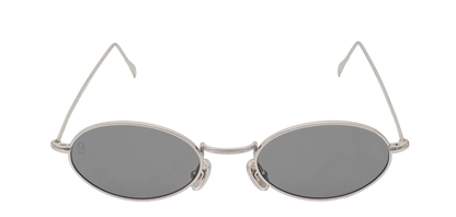 Vista frontale degli occhiali rotondi modello Marie, con montatura argento e lenti color grigio scuro, aperti