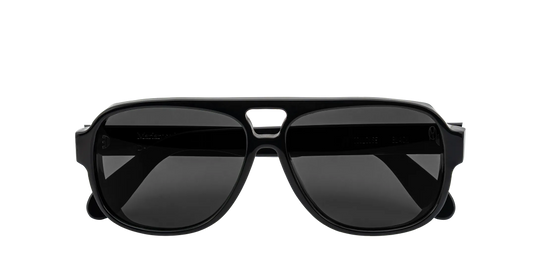 Vista frontale degli occhiali aviator modello Toulouse, con montatura nera e lenti color grigio scuro, chiusi