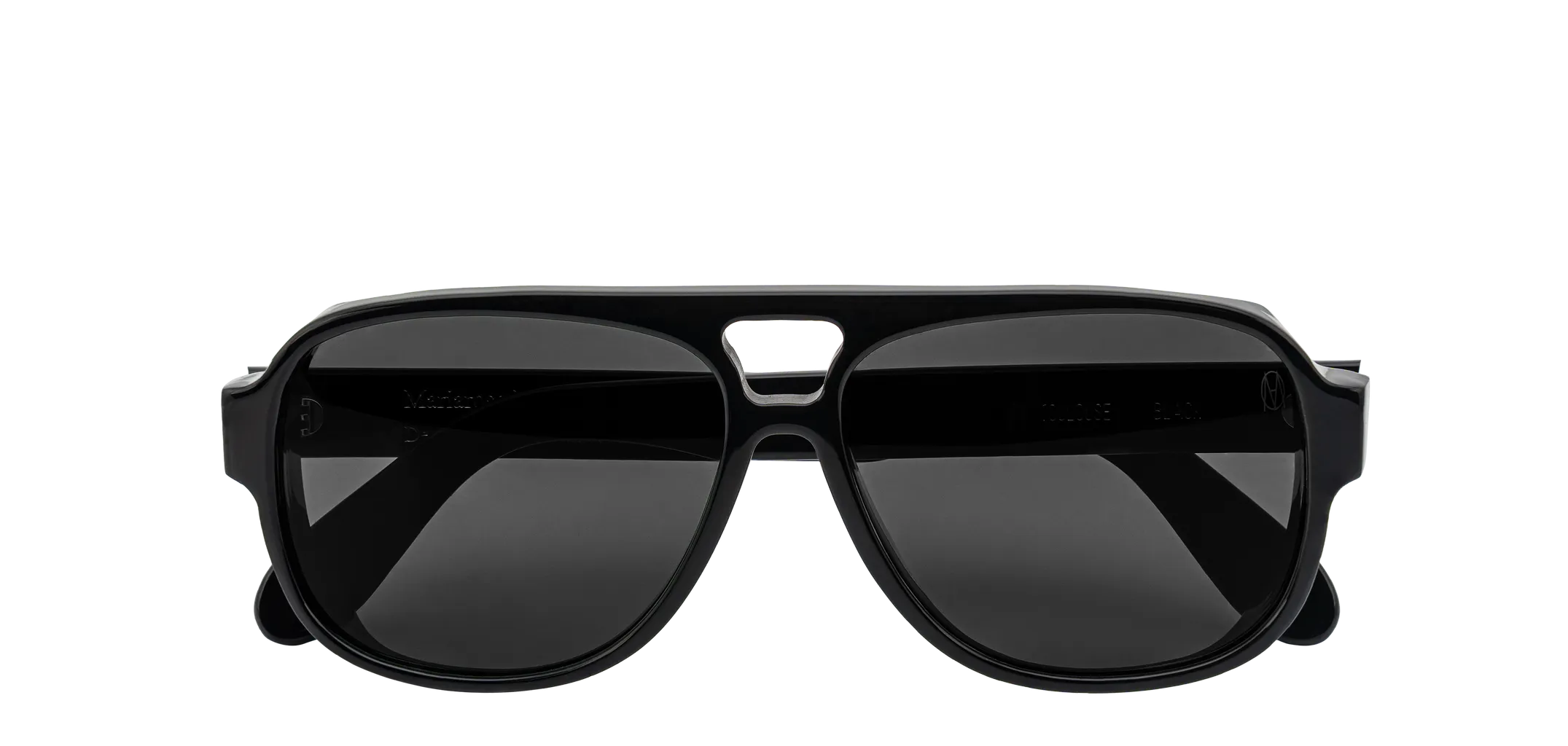 Vista frontale degli occhiali aviator modello Toulouse, con montatura nera e lenti color grigio scuro, chiusi