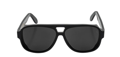 Vista frontale degli occhiali aviator modello Toulouse, con montatura nera e lenti color grigio scuro, aperti