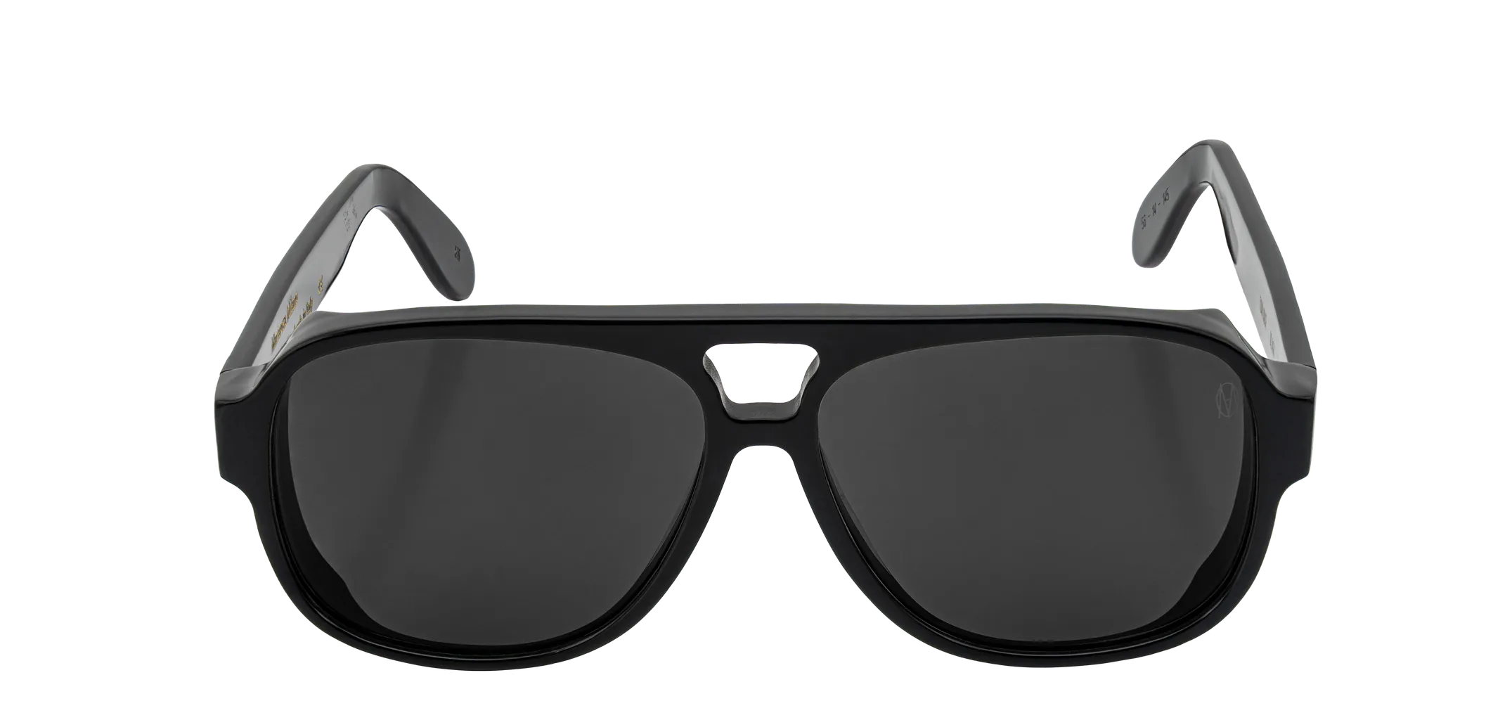 Vista frontale degli occhiali aviator modello Toulouse, con montatura nera e lenti color grigio scuro, aperti