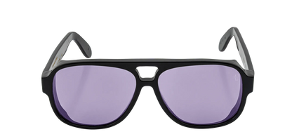 Vista frontale degli occhiali aviator modello Toulouse, con montatura nera e lenti color lilla, aperti