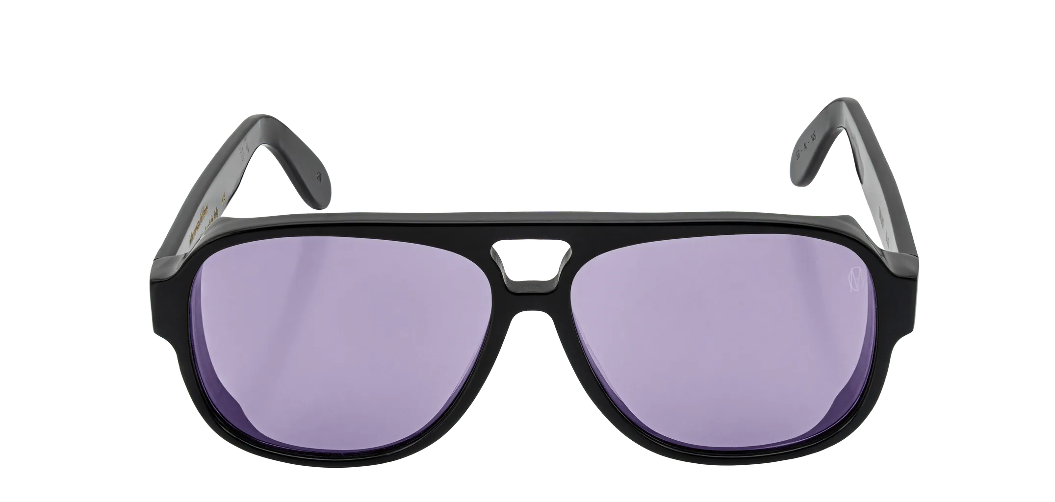 Vista frontale degli occhiali aviator modello Toulouse, con montatura nera e lenti color lilla, aperti