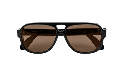 Vista frontale degli occhiali aviator modello Toulouse, con montatura nera e lenti color marrone scuro, chiusi