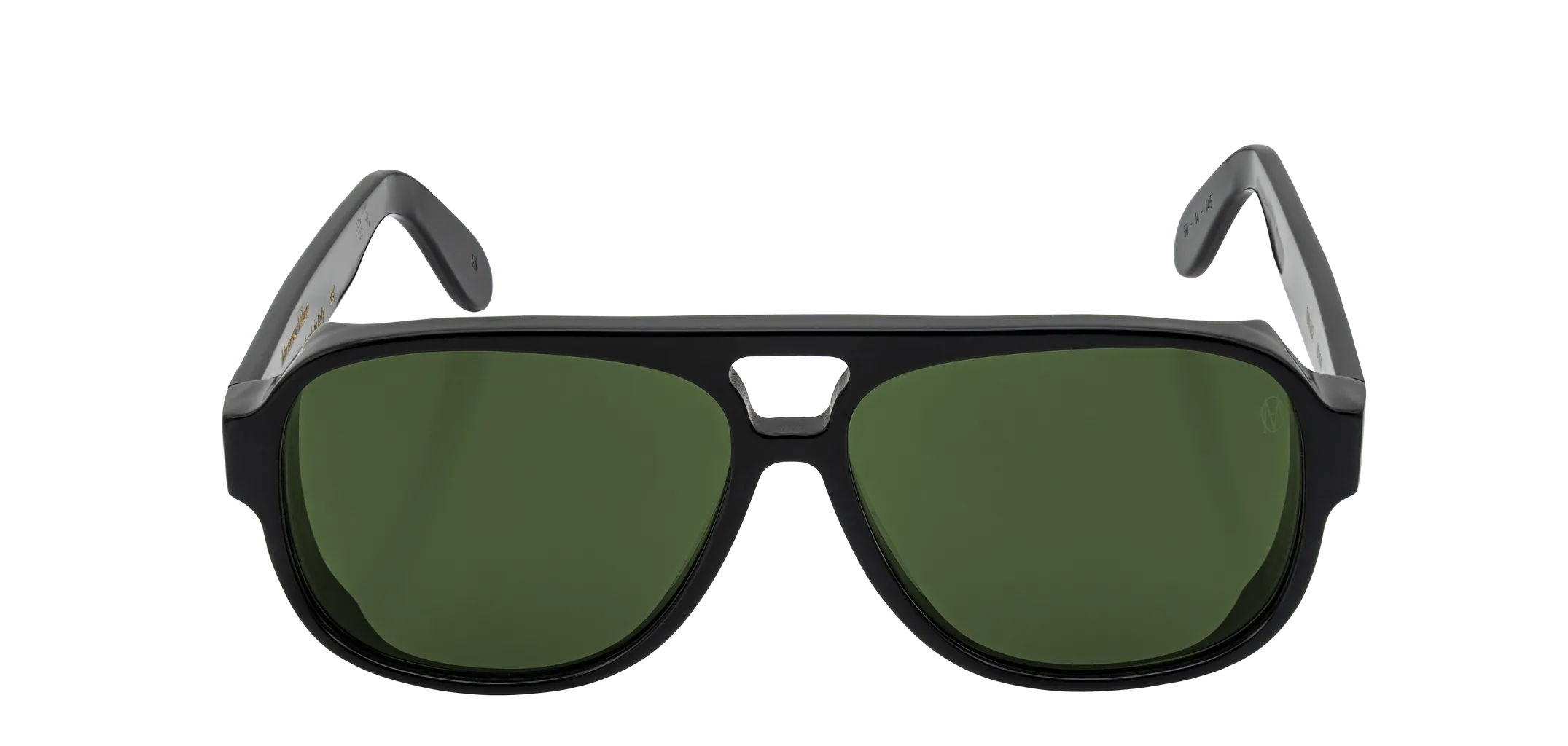 Vista frontale degli occhiali aviator modello Toulouse, con montatura nera e lenti color verde scuro, aperti