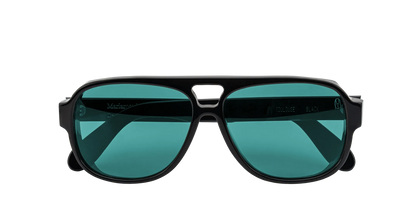Vista frontale degli occhiali aviator modello Toulouse, con montatura nera e lenti color tiffany, chiusi