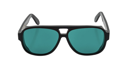 Vista frontale degli occhiali aviator modello Toulouse, con montatura nera e lenti color tiffany, aperti