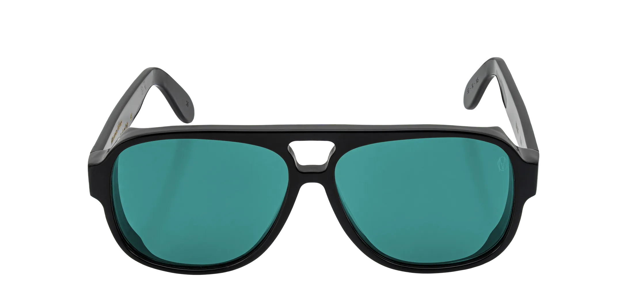 Vista frontale degli occhiali aviator modello Toulouse, con montatura nera e lenti color tiffany, aperti