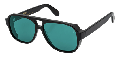 Vista a tre quarti degli occhiali aviator modello Toulouse, con montatura nera e lenti color tiffany, aperti