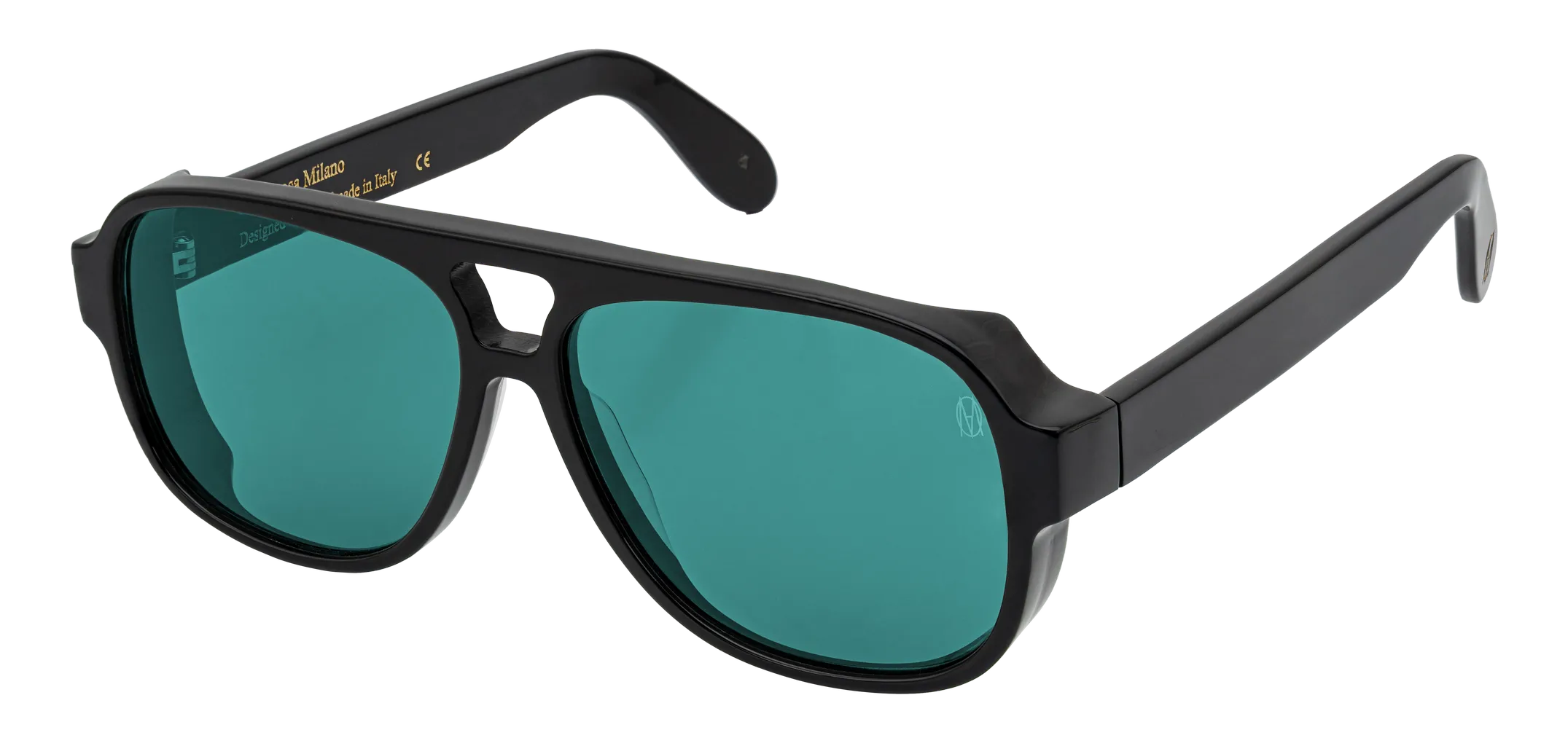 Vista a tre quarti degli occhiali aviator modello Toulouse, con montatura nera e lenti color tiffany, aperti