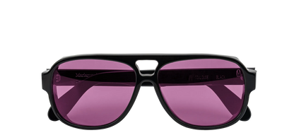 Vista frontale degli occhiali aviator modello Toulouse, con montatura nera e lenti color viola, chiusi