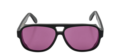 Vista frontale degli occhiali aviator modello Toulouse, con montatura nera e lenti color viola, aperti