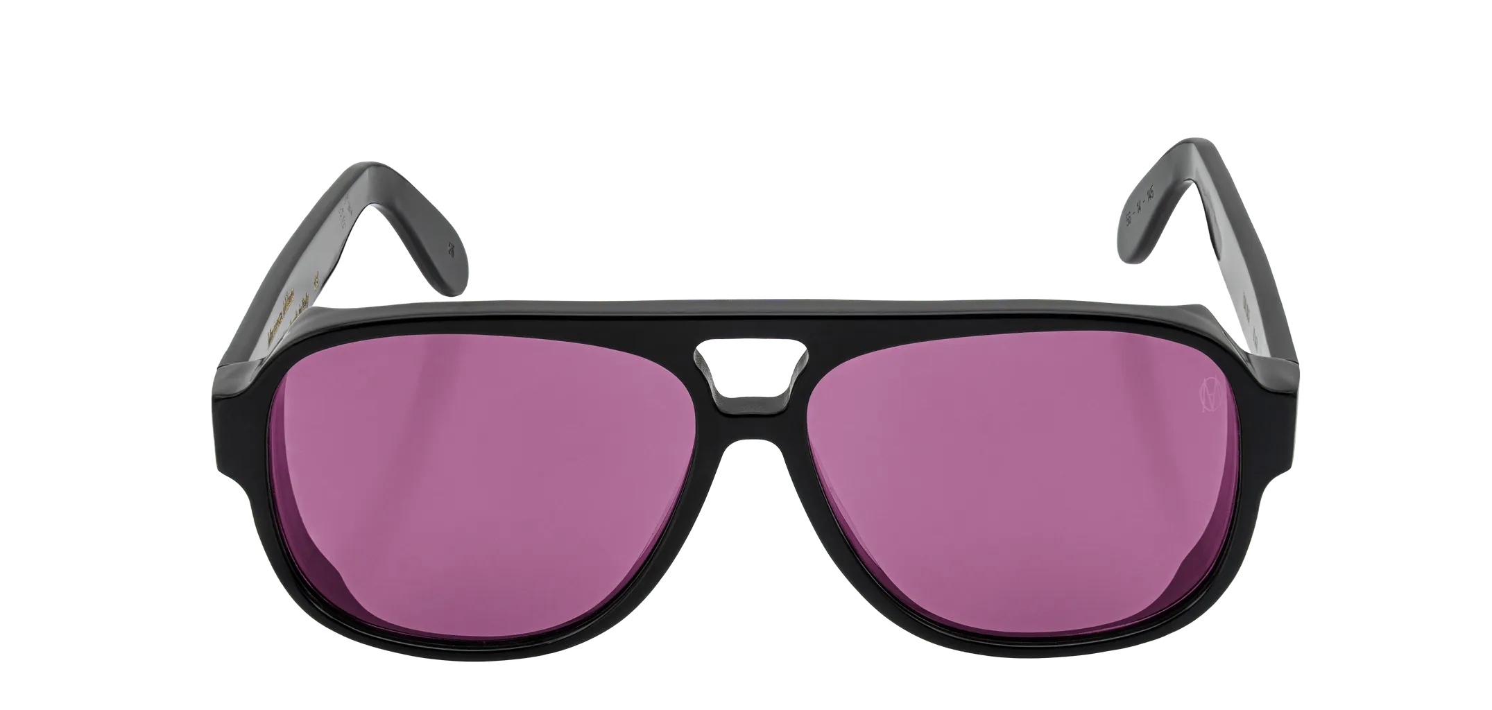 Vista frontale degli occhiali aviator modello Toulouse, con montatura nera e lenti color viola, aperti