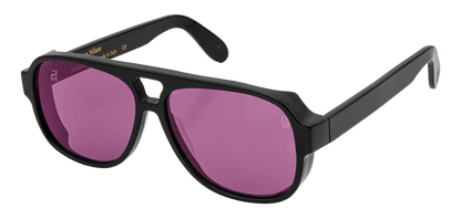 Vista a tre quarti degli occhiali aviator modello Toulouse, con montatura nera e lenti color viola, aperti