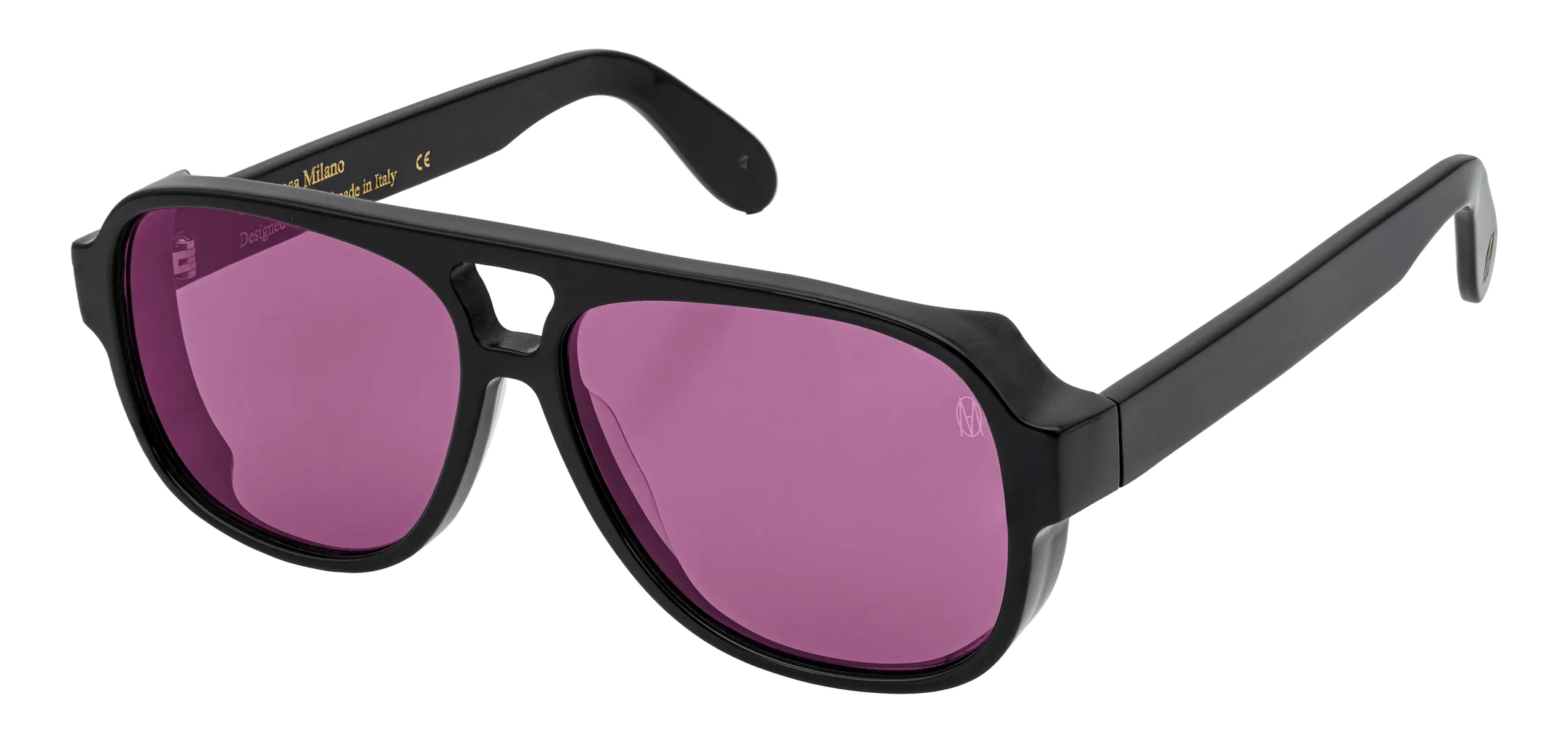 Vista a tre quarti degli occhiali aviator modello Toulouse, con montatura nera e lenti color viola, aperti