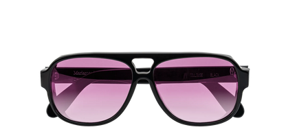 Vista frontale degli occhiali aviator modello Toulouse, con montatura nera e lenti color fucsia sfumato, chiusi