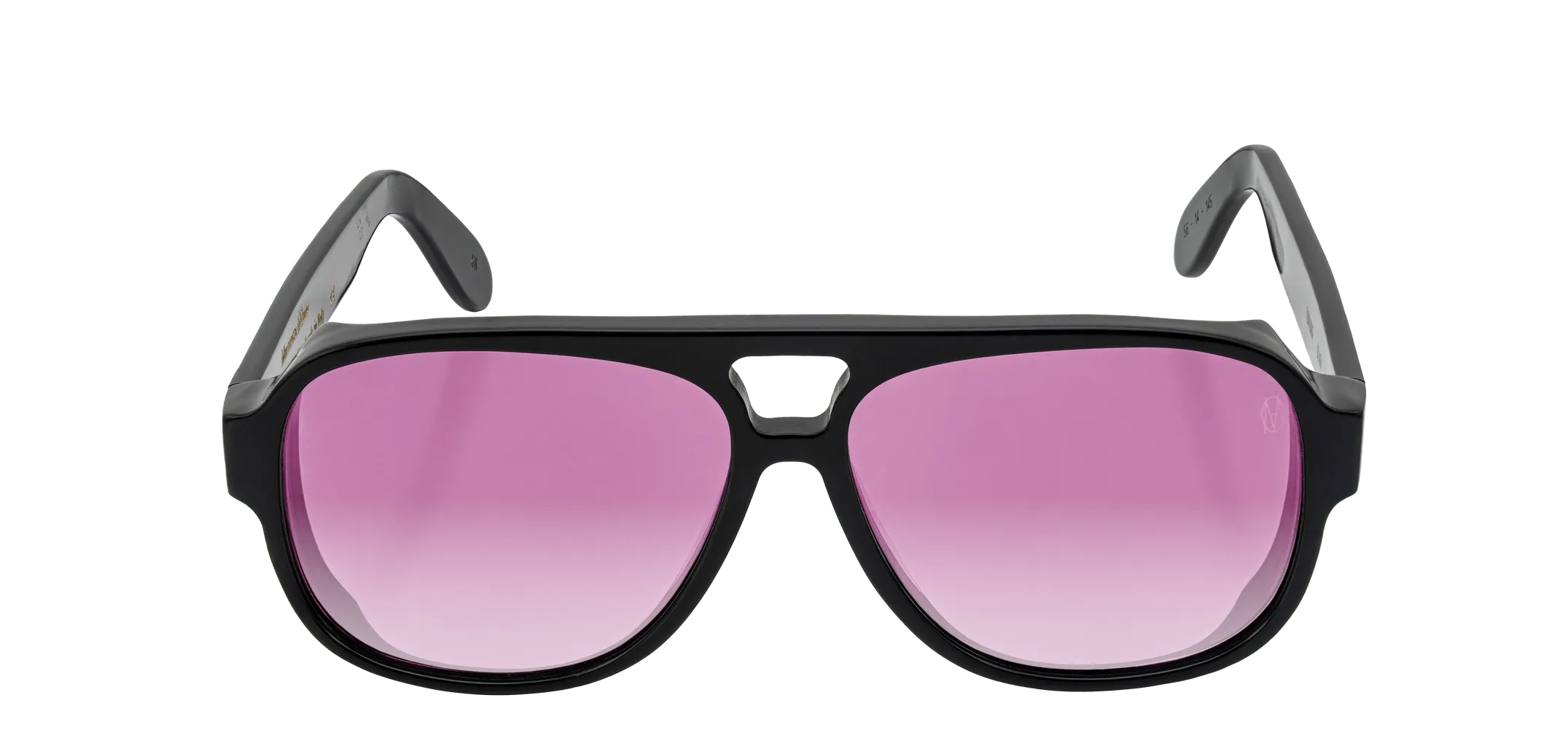 Vista frontale degli occhiali aviator modello Toulouse, con montatura nera e lenti color fucsia sfumato, aperti