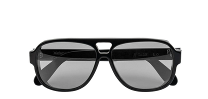 Vista frontale degli occhiali aviator modello Toulouse, con montatura nera e lenti color grigio chiaro, chiusi