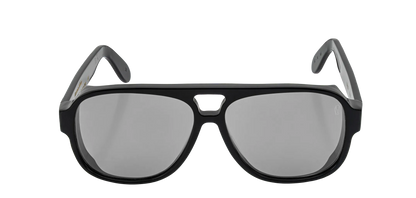 Vista frontale degli occhiali aviator modello Toulouse, con montatura nera e lenti color grigio chiaro, aperti