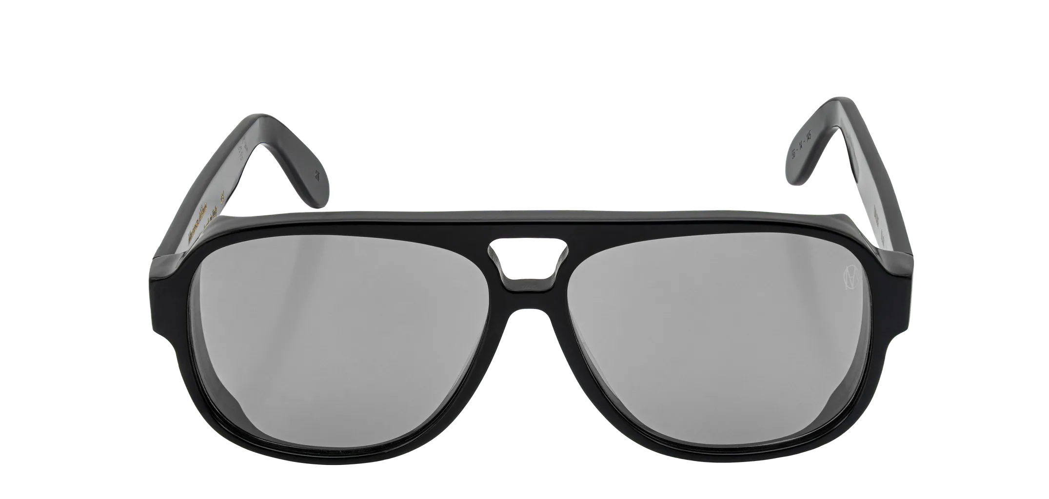 Vista frontale degli occhiali aviator modello Toulouse, con montatura nera e lenti color grigio chiaro, aperti