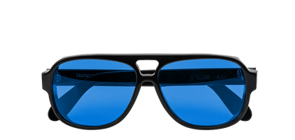 Vista frontale degli occhiali aviator modello Toulouse, con montatura nera e lenti color blu cobalto, chiusi