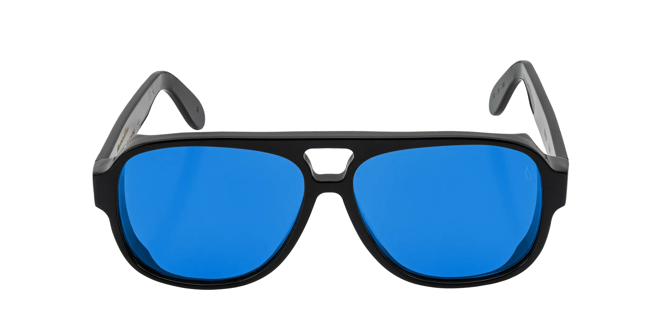 Vista frontale degli occhiali aviator modello Toulouse, con montatura nera e lenti color blu cobalto, aperti