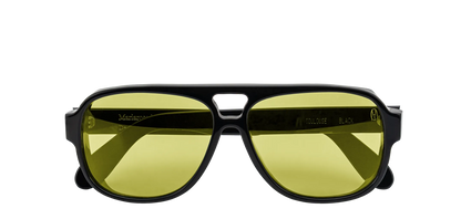 Vista frontale degli occhiali aviator modello Toulouse, con montatura nera e lenti color giallo, chiusi