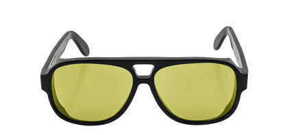 Vista frontale degli occhiali aviator modello Toulouse, con montatura nera e lenti color giallo, aperti