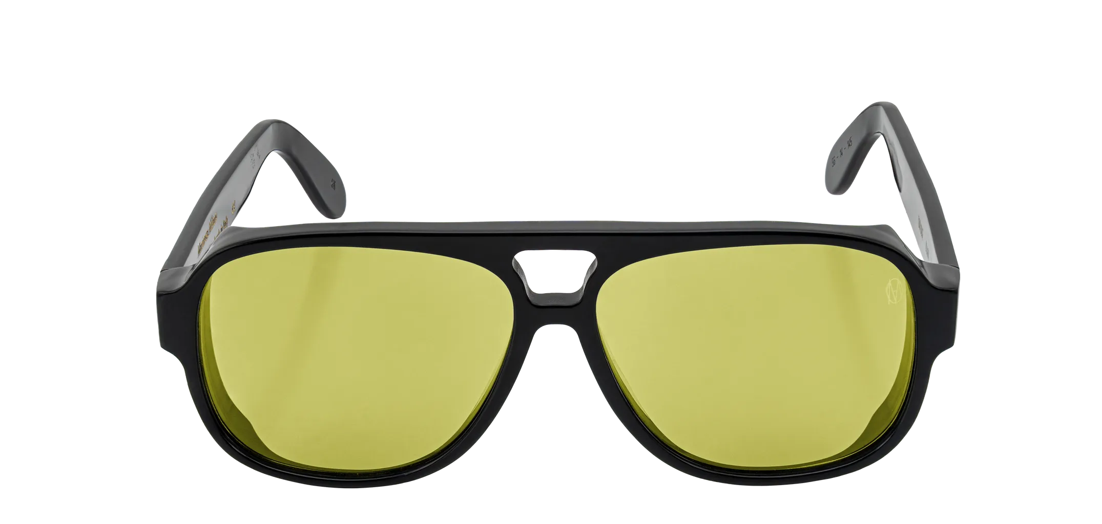 Vista frontale degli occhiali aviator modello Toulouse, con montatura nera e lenti color giallo, aperti