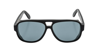 Vista frontale degli occhiali aviator modello Toulouse, con montatura nera e lenti color azzurro, aperti