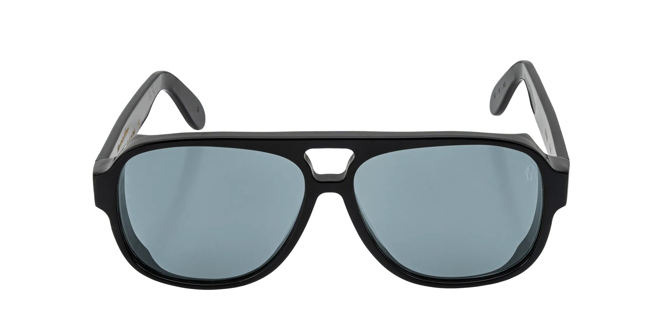 Vista frontale degli occhiali aviator modello Toulouse, con montatura nera e lenti color azzurro, aperti