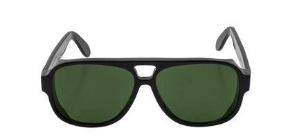 Vista frontale degli occhiali aviator modello Toulouse, con montatura nera e lenti color verde scuro, aperti