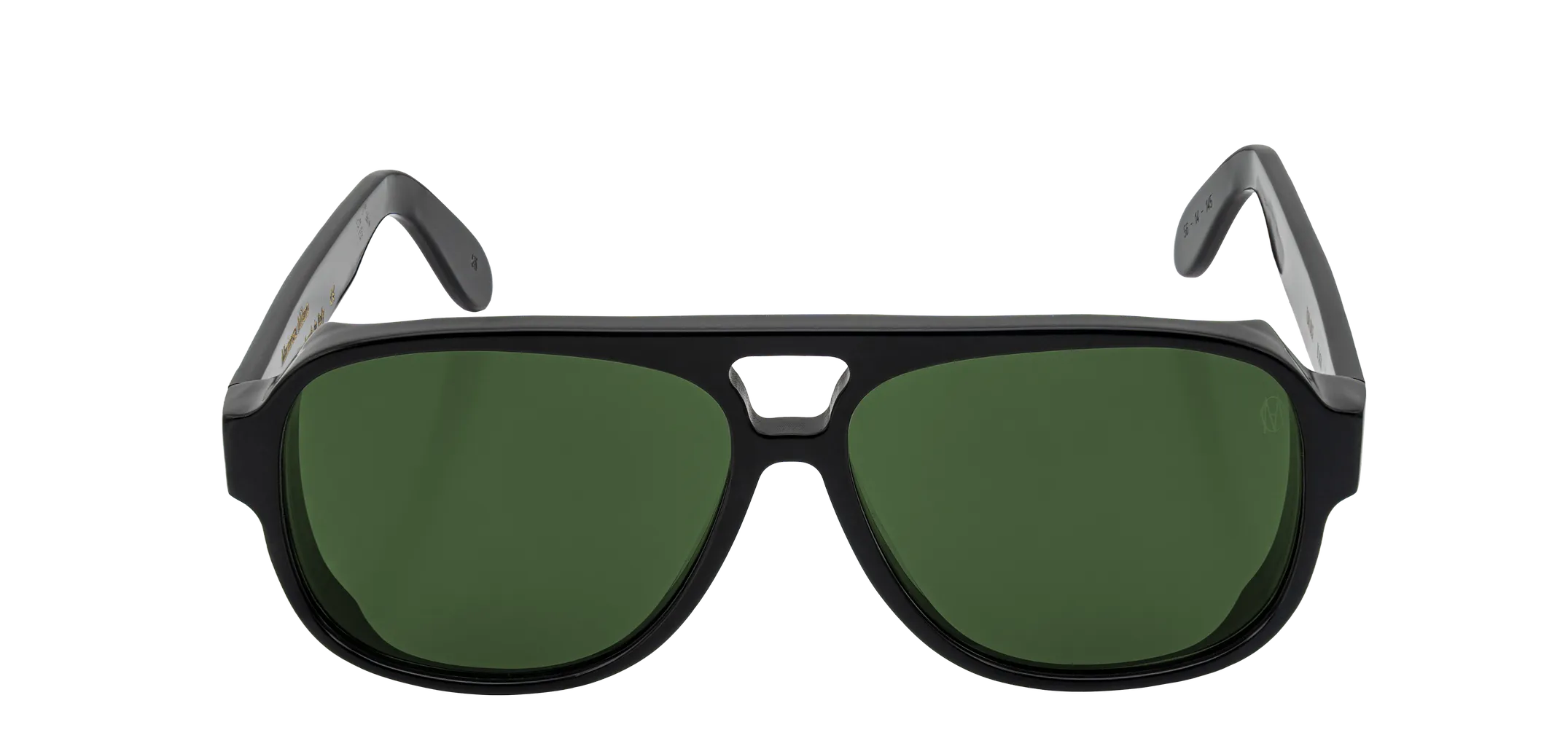 Vista frontale degli occhiali aviator modello Toulouse, con montatura nera e lenti color verde scuro, aperti