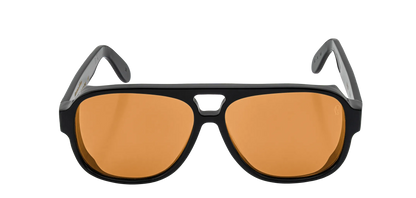 Vista frontale degli occhiali aviator modello Toulouse, con montatura nera e lenti color arancio, aperti